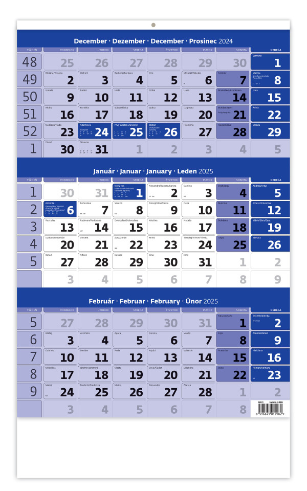 Blue three-month calendar with name calendar