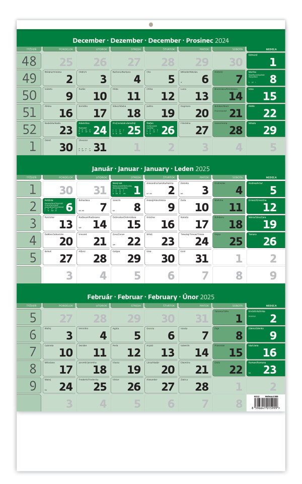 Three-month green calendar with name calendar