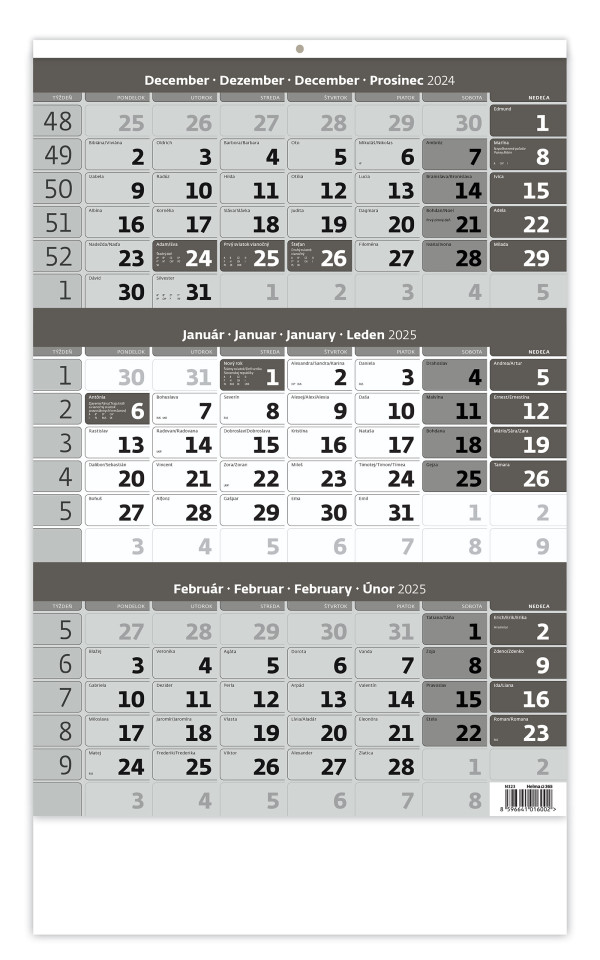 Gray three-month calendar with name calendar