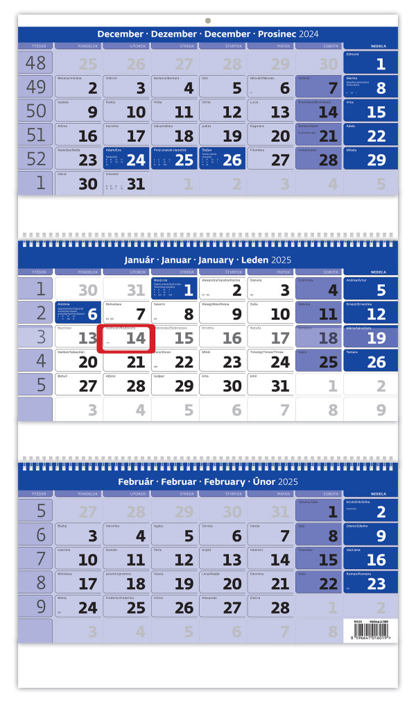 Three-month blue calendar with a spiral and name calendar