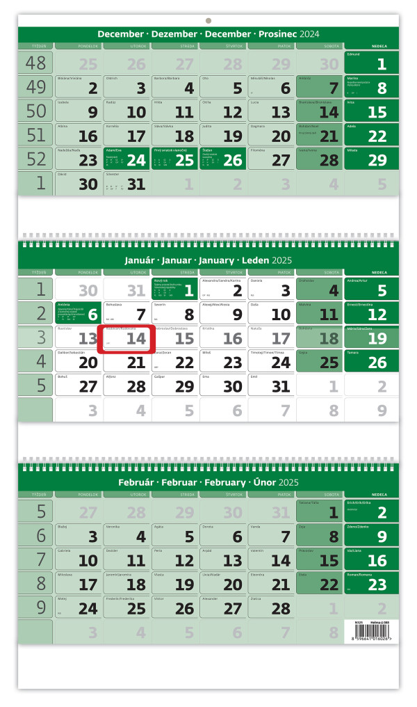 Three-month green calendar with a spiral and name calendar