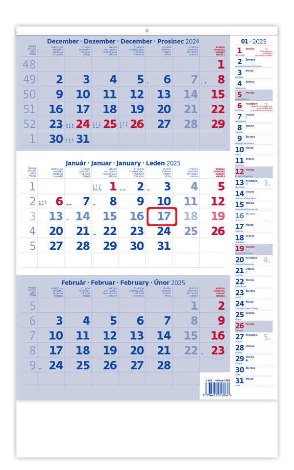 Three-month blue calendar with notes