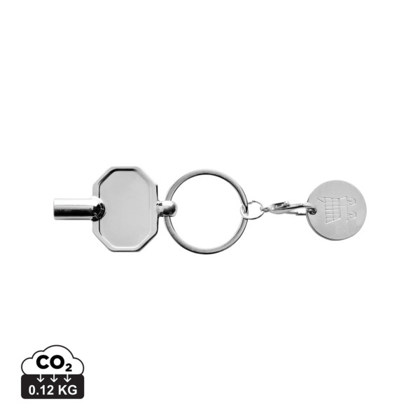 RCS recycled key ring. zinc alloy with a coin on the basket